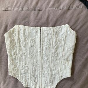 American Threads White Floral Embossed Strapless Crop Top